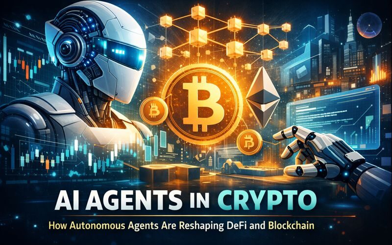 AI agents operating on blockchain networks, autonomously trading and managing DeFi protocols using smart contracts