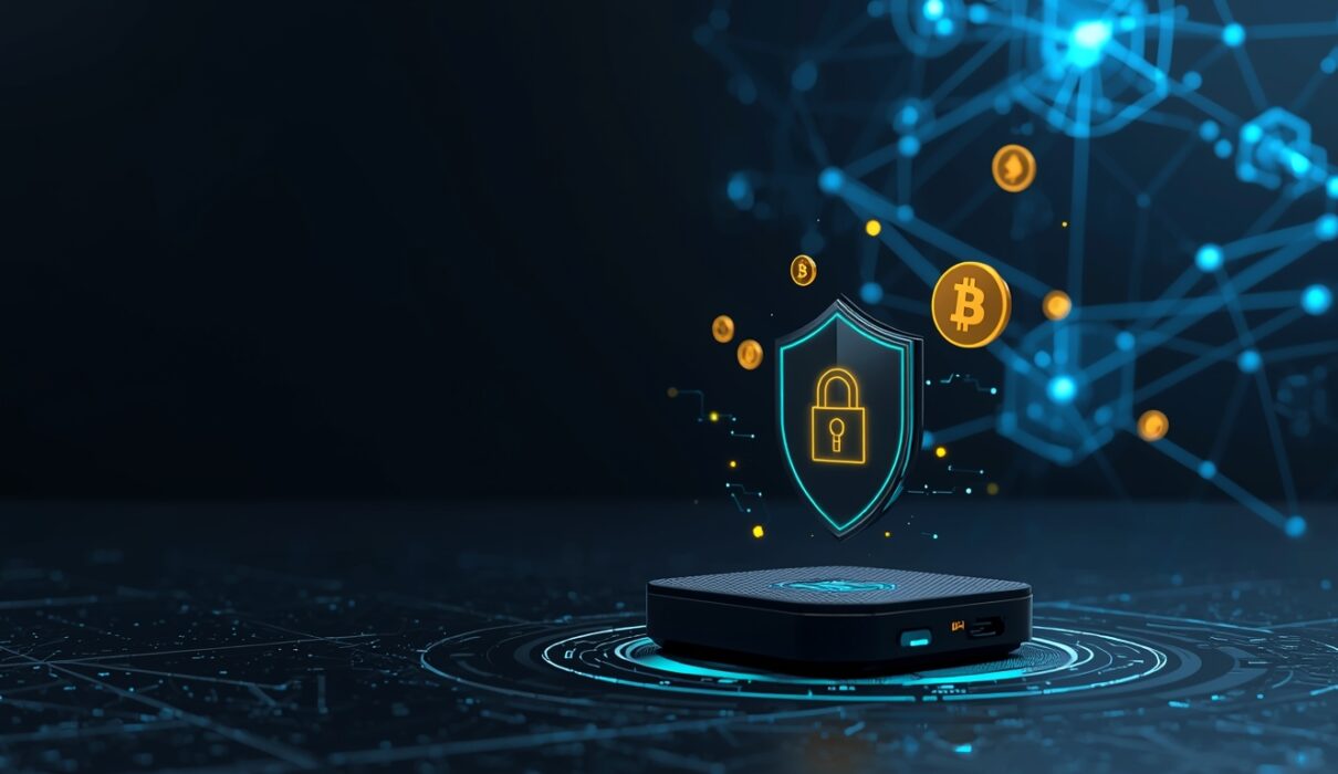 Trezor hardware wallet device on desk with cryptocurrency coins - secure crypto storage solution