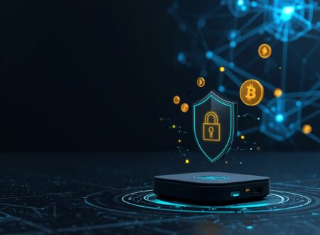 Trezor hardware wallet device on desk with cryptocurrency coins - secure crypto storage solution