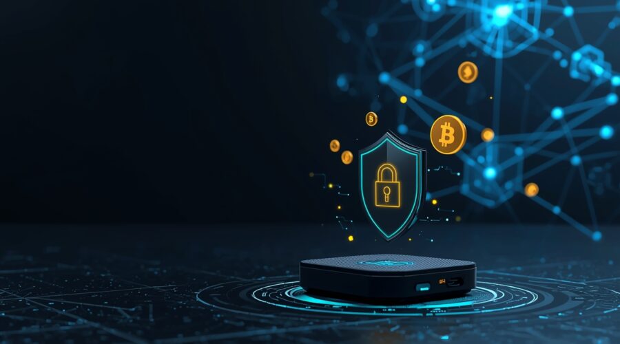 Trezor hardware wallet device on desk with cryptocurrency coins - secure crypto storage solution